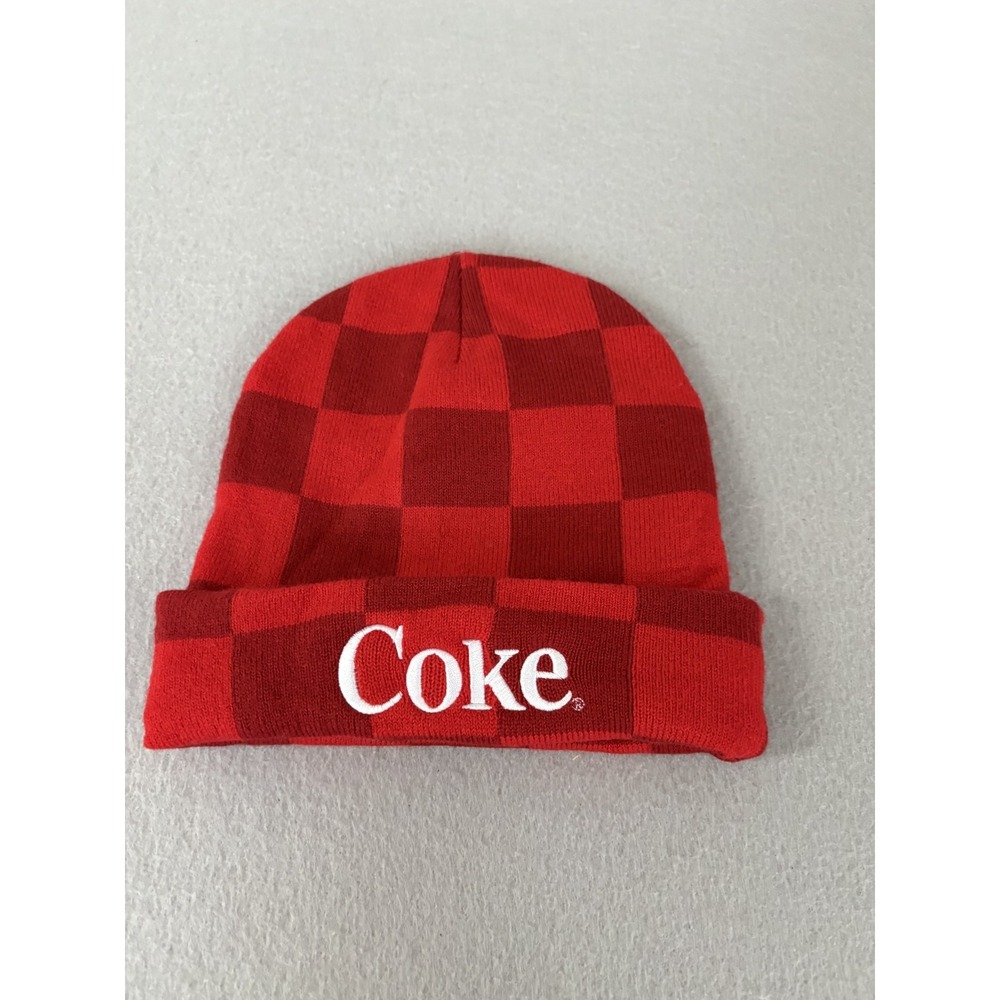 Coke Hat Cap Beanie Red Plaid Knit Cuffed Embroidered‎ Logo Mens Mad Engine 2024